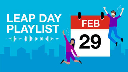 leap day playlist for February 29. Calendar page on blue background.