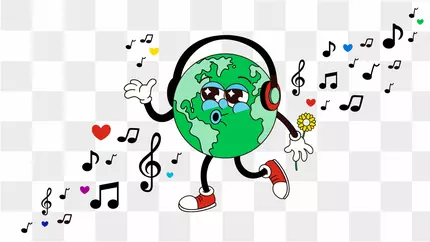 dancing globe with headphones enjoying an Earth Day playlist from Hiscox
