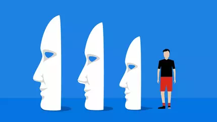 blue background with nesting white masks followed by an animated person highlighting an imposter