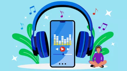 Headphones surround mobile phone in front of light blue background. Music is playing songs from mental health playlist while business owner sits in zen-like state.