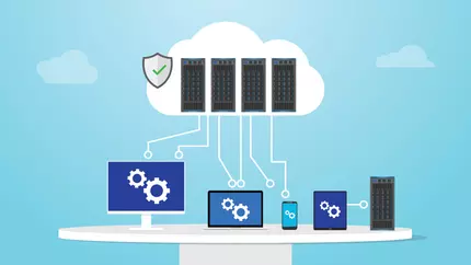 animated web servers on sky blue background with white clouds