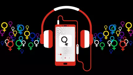 smart device wearing headphones, surrounded by female sign, listening to Hiscox playlist for Women's History Month