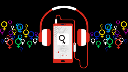 smart device wearing headphones, surrounded by female sign, listening to Hiscox playlist for Women's History Month