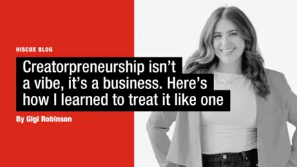 black and white image of Gigi Robinson on the right, with red banner on the left talking about content creation.