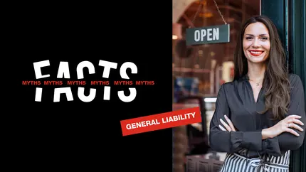 Businesswoman standing to the right side, arms crossed. On the left black background with FACTS and myths running through