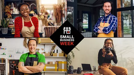 four photo collage of business owners, one in each corner to celebrate small business week