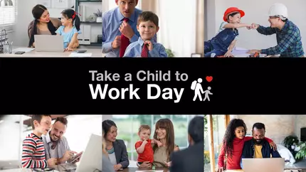collage of business professionals and children celebrating Take a Child to Work day, teaching kids how business works