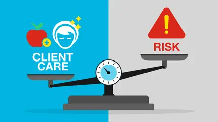 Illustration showing a scale balancing client care and business risk, highlighting the importance of managing risk for small business owners.