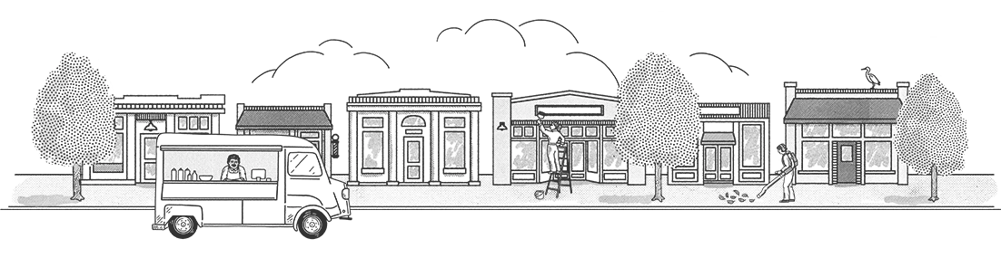 An illustration of main street with a food truck.