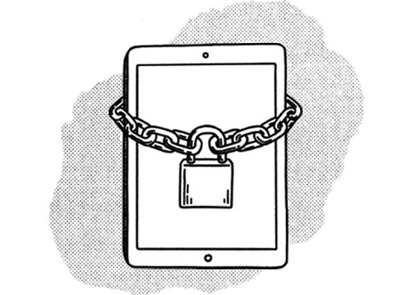 A tablet with a lock and chain around it.