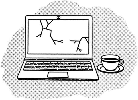 A black and white drawing of a laptop with a cracked screen beside a cup of coffee with a small handle and saucer
